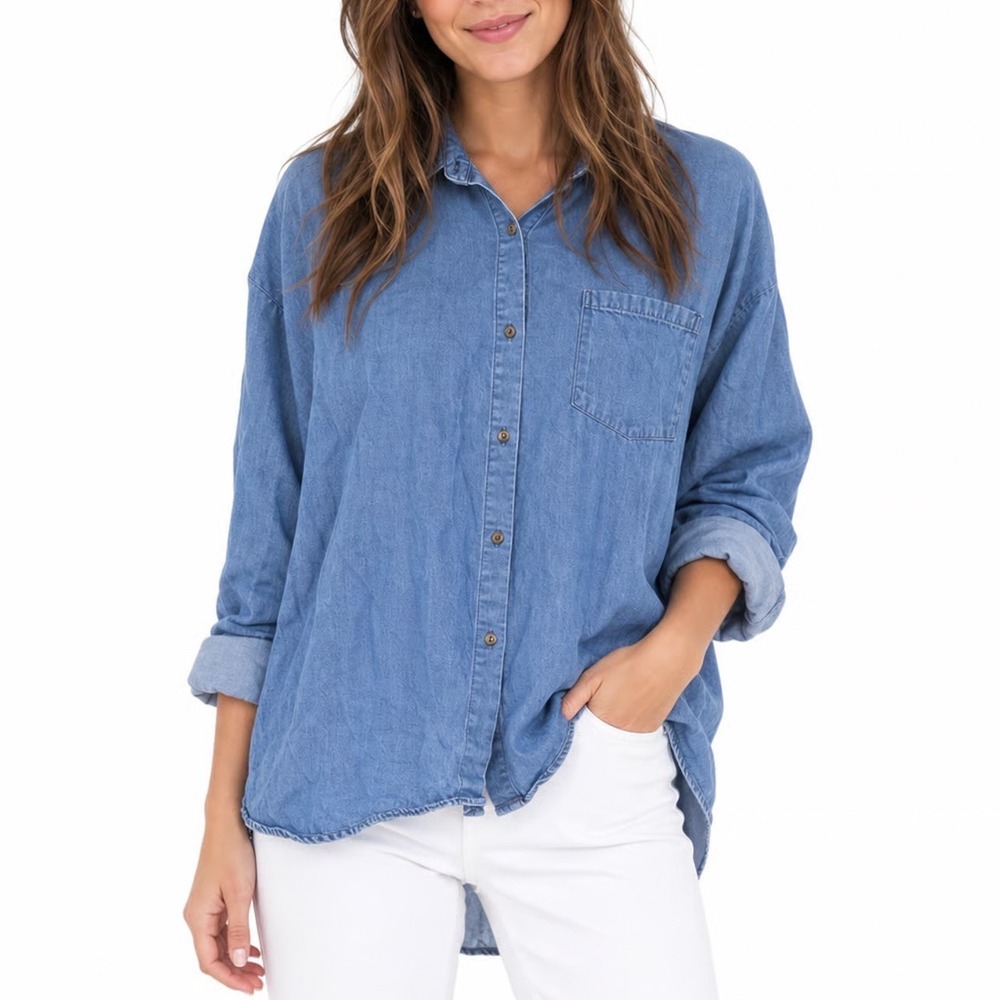 Zara Basic Z1975 Denim Shirt Blue Lyocell Button Down Long Sleeve Small